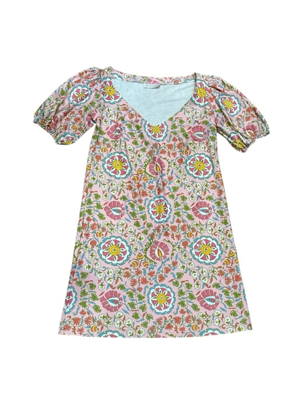 Smith & Quinn Dress Womens XS Pink Floral Puff Sleeve Stretch V-Neck Shift Short
